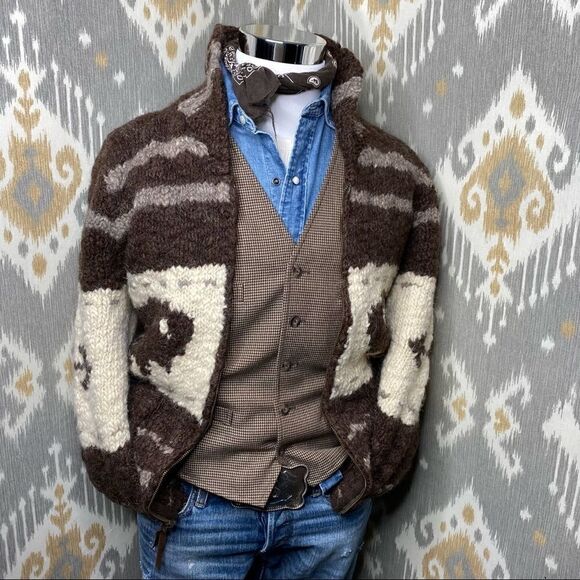 Polo Ralph Lauren Vtg Handknit Cowichan Inspired Buffalo Zip Cardigan Sweater - Picture 16 of 16